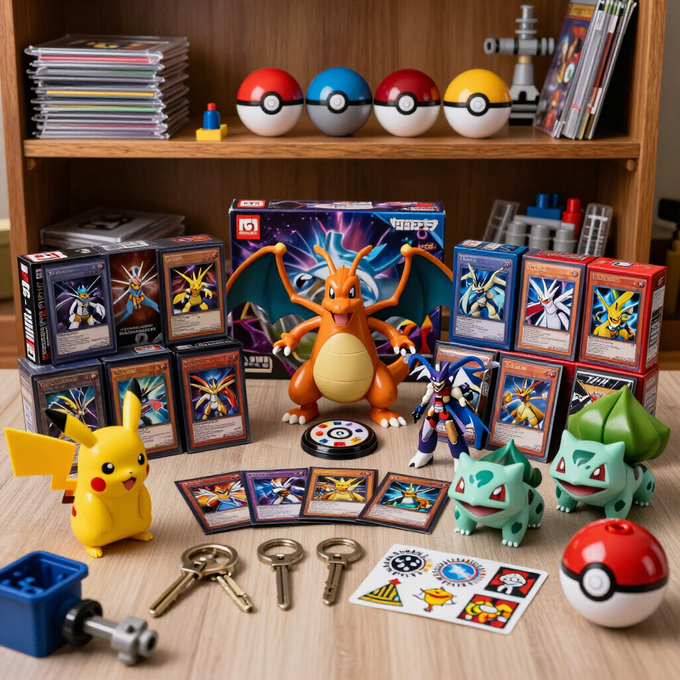 Expositor de cartas y figuras Pokémon con Charizard, Pikachu, Bulbasaur, llaves y Poké Balls en un estante