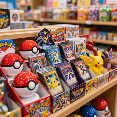 Exhibidor de cartas Pokémon con latas de Poké Balls y figuras de Pikachu en un pasillo de la tienda.