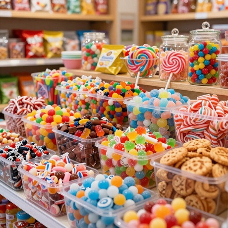 Exhibición colorida de dulces en frascos y recipientes, con piruletas, gomitas y galletas en el mostrador de una tienda.