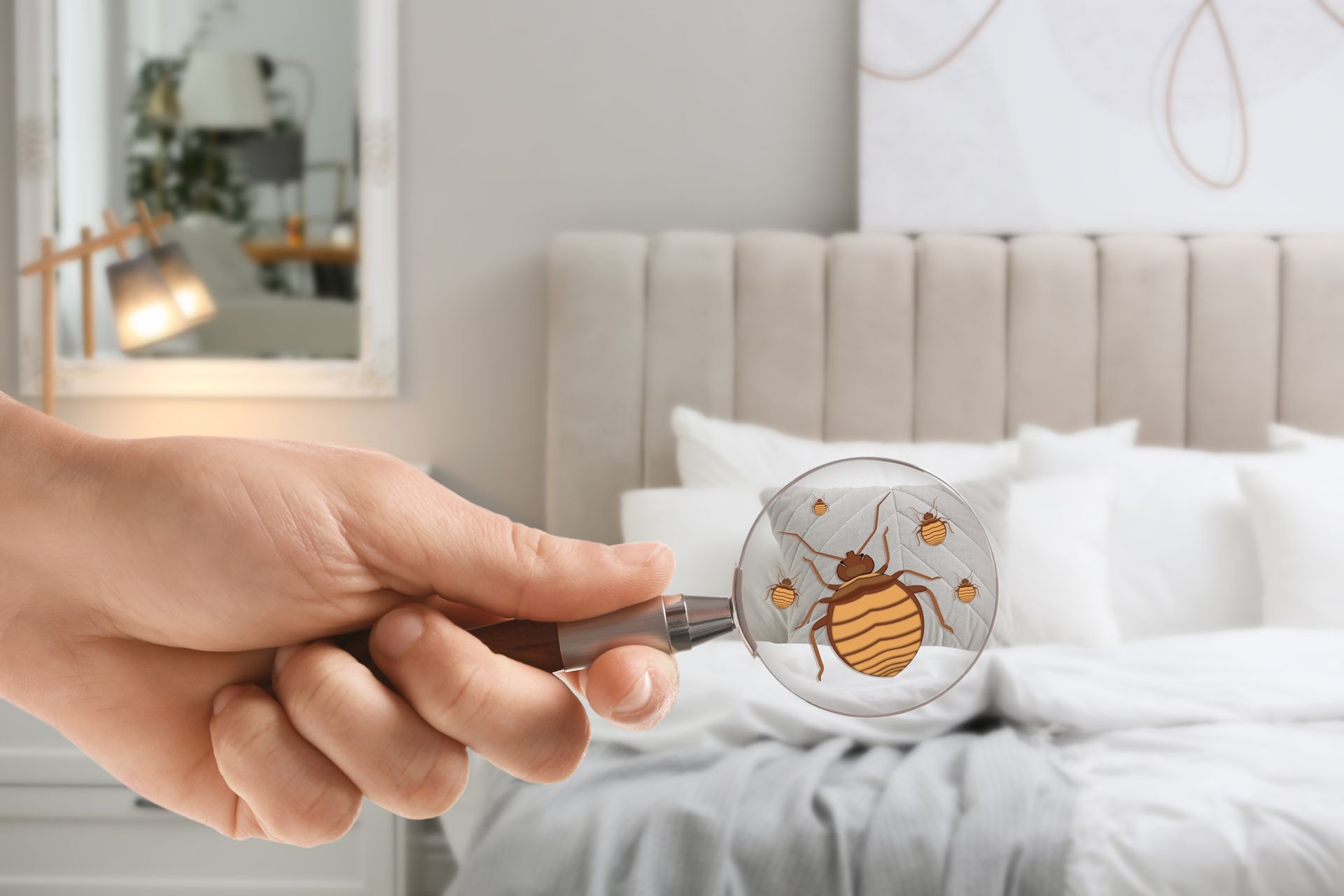 Une main tenant une loupe au-dessus d'un lit, grossissant un petit insecte sur des draps blancs