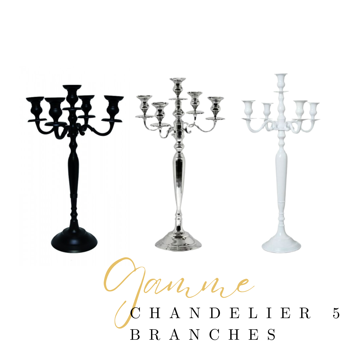 3 types de chandeliers à 5 branches, noir, métal et blanc
