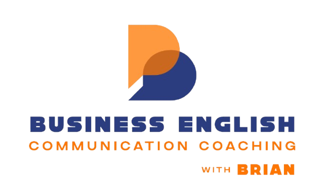 Logotipo con la letra 'B' superpuesta en naranja y azul, texto: Coaching de comunicación en inglés comercial con Brian.