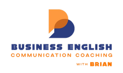 Logotipo con la letra 'B' superpuesta en naranja y azul, texto: Coaching de comunicaci&oacute;n en ingl&eacute;s comercial con Brian.