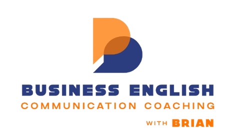 Logotipo con la letra 'B' superpuesta en naranja y azul, texto: Coaching de comunicación en inglés comercial con Brian.