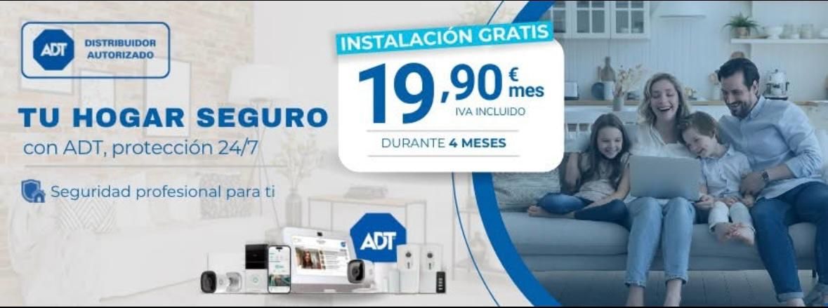 Promo de ADT con mujer en sofá: instalación gratis y plan desde 19,90 €/mes.