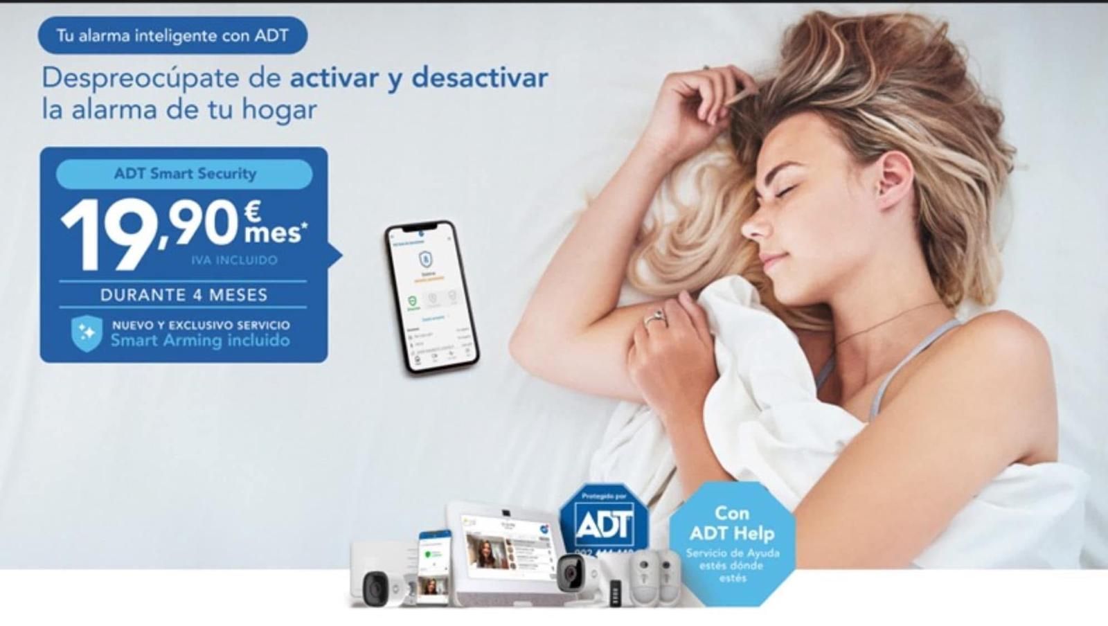 Anuncio de sistema de alarma ADT con mujer dormida, teléfono y precio de 19,90 €/mes en fondo azul y blanco