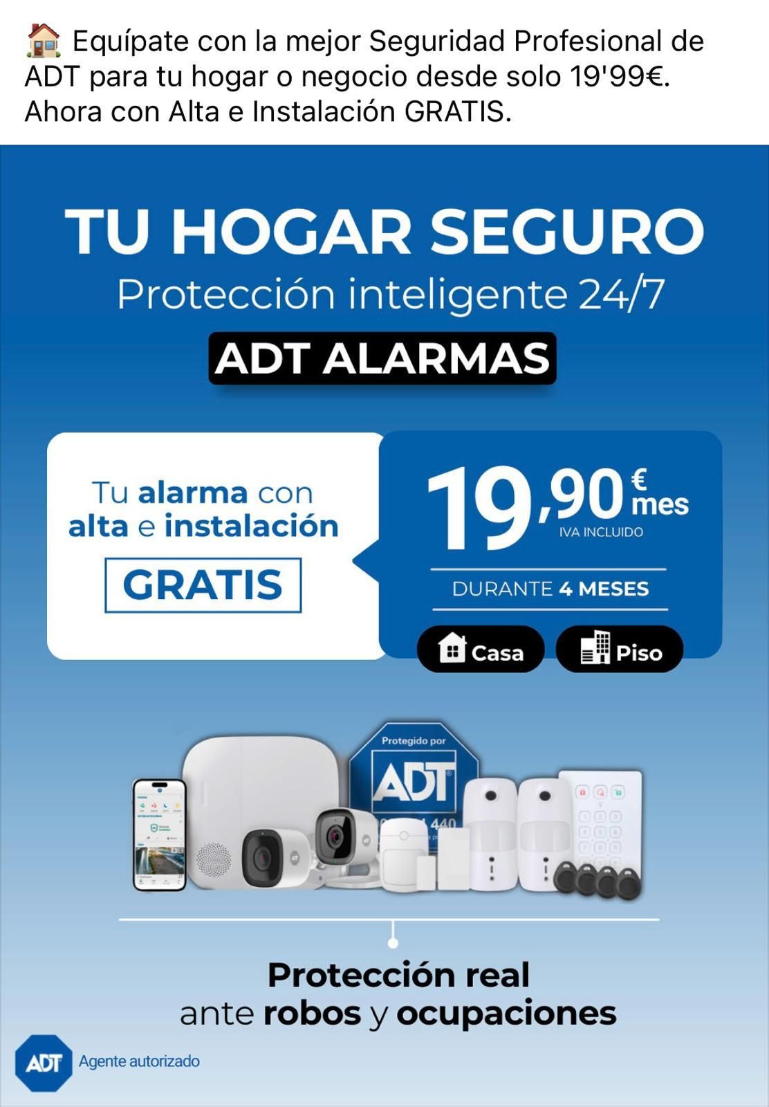 Anuncio azul de ADT para hogar seguro, con alarma gratis, 19,90€/mes y dispositivos de seguridad.