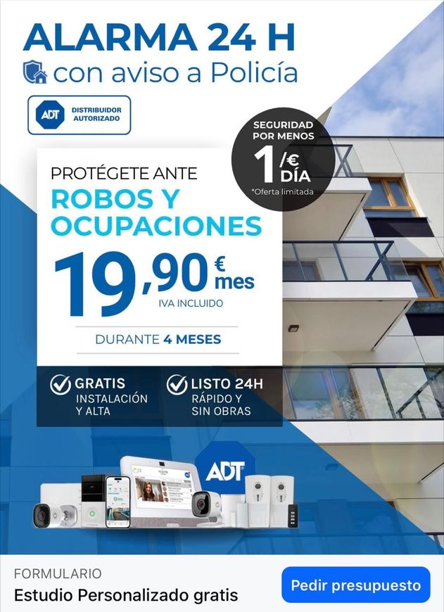 Anuncio de alarma ADT con 24 h, aviso a policía y promoción de robo y ocupaciones por 19,90 €/mes.