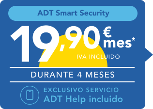 Promo de ADT Smart Security en azul: 19,90 €/mes durante 4 meses, IVA incluido, con ADT Help gratis