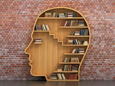 Una estantería con forma de cabeza humana llena de libros.