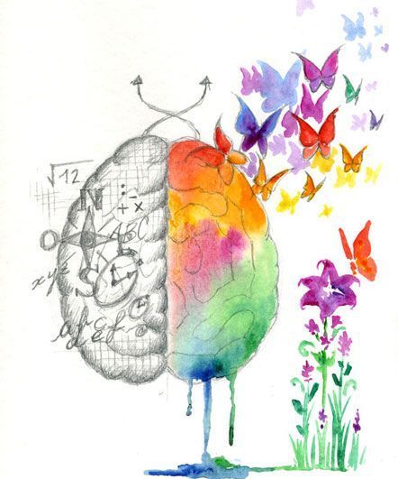 Un dibujo de un cerebro con flores y mariposas saliendo de él.