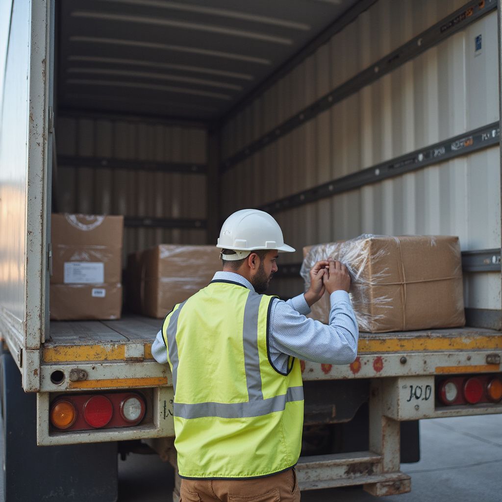 Arbeiter mit Schutzhelm und Sicherheitsweste sichert ein verpacktes Paket in einem LKW-Anhänger.