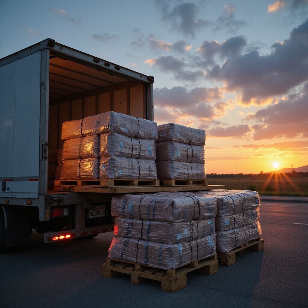 LKW mit Paletten verpackter Pakete bei Sonnenuntergang.