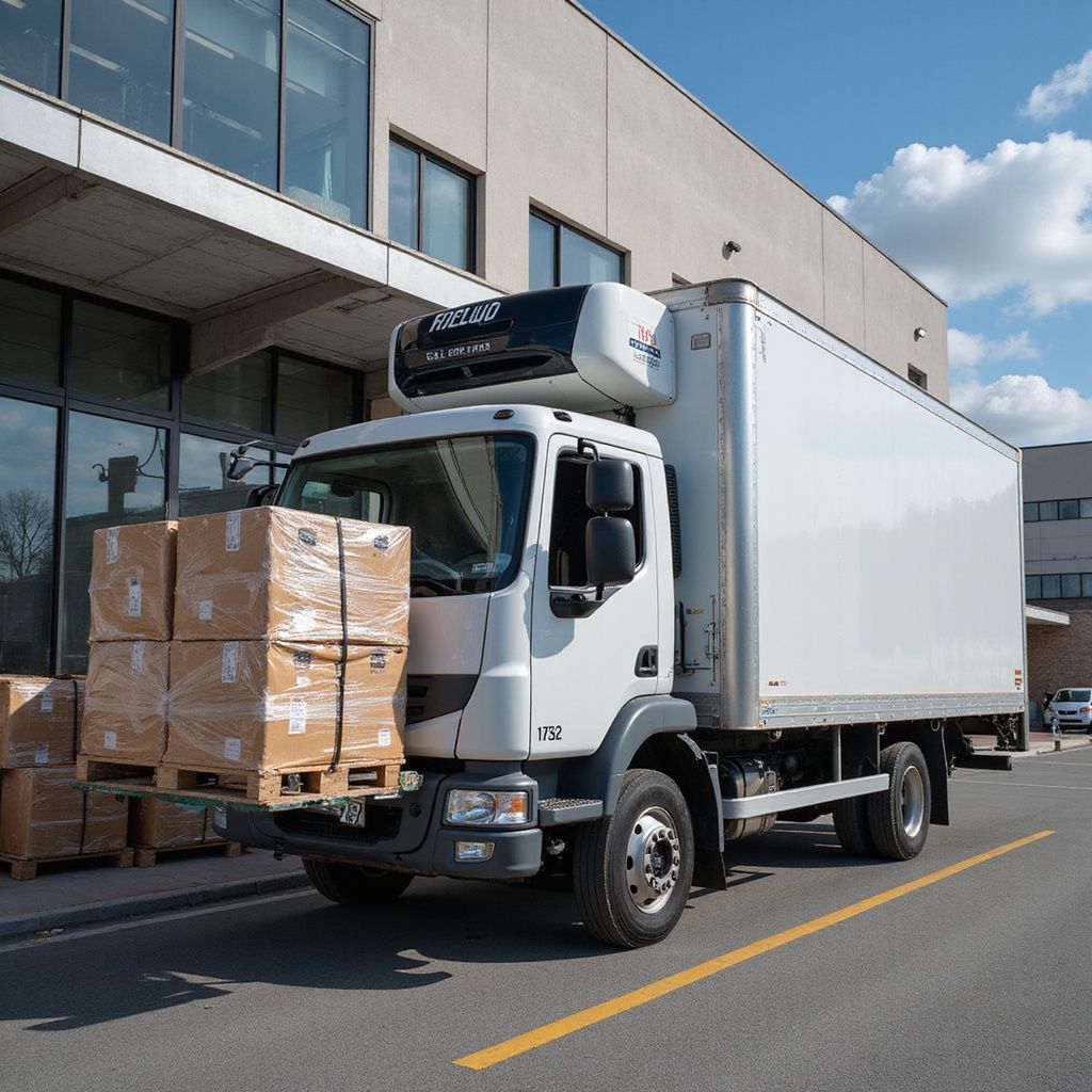 Weißer Lieferwagen an einer Laderampe, mit Paletten voller Kisten auf der Gabel.