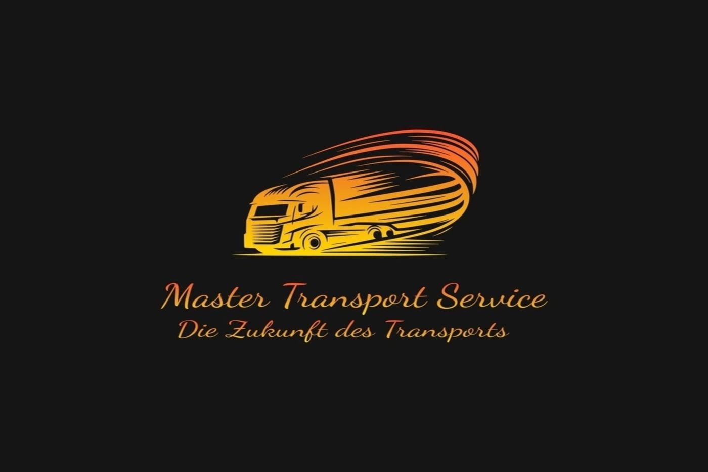 Logo: Ein goldener Sattelschlepper mit bewegten Streifen, Text „Master Transport Service“, deutscher Slogan auf Schwarz.