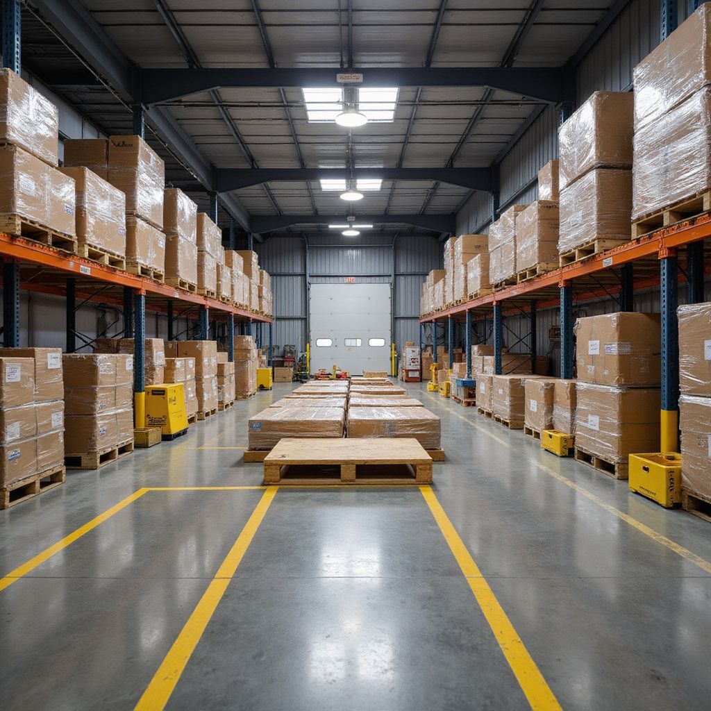 Lagerhalleninneres mit auf Regalen gestapelten Kisten, einer zentralen Laderampe und einem mit gelben Linien markierten Betonboden.
