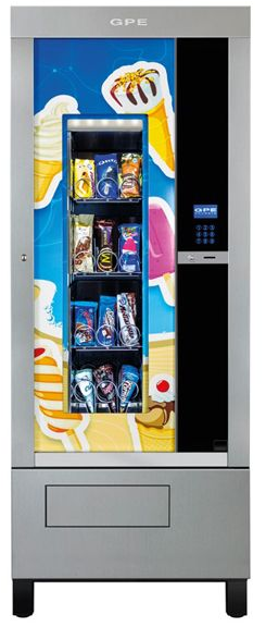 Snackautomat mit Glasdisplay, farbenfrohen Produktgrafiken und schwarzem Bedienfeld auf der rechten Seite