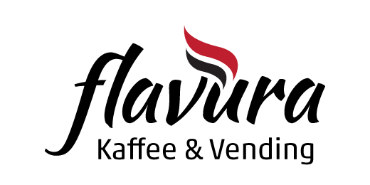 Das Flavura-Logo zeigt den Firmennamen in schwarzer Schrift, mit einem roten und schwarzen Schwung &uuml;ber dem &bdquo;u&ldquo; und &bdquo;Kaffee & Vending&ldquo;.