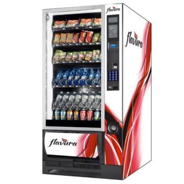 Flavia Snack- und Getränkeautomat mit Glasfront und rot-weißer Seitenwand