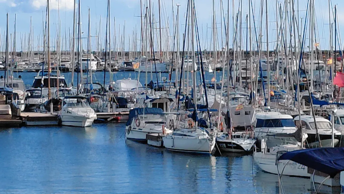 Puerto repleto de veleros y yates amarrados en aguas azules y tranquilas bajo un cielo despejado.
