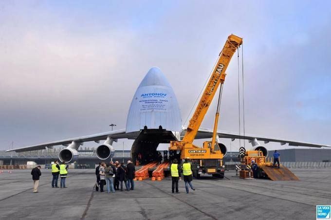 Chargement d'un avion-cargo à l'aide d'une grue vue 4.