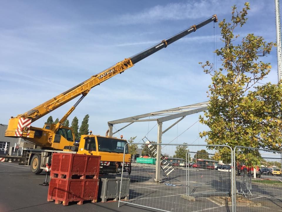 Une grue soulève un arbre dans le sol.