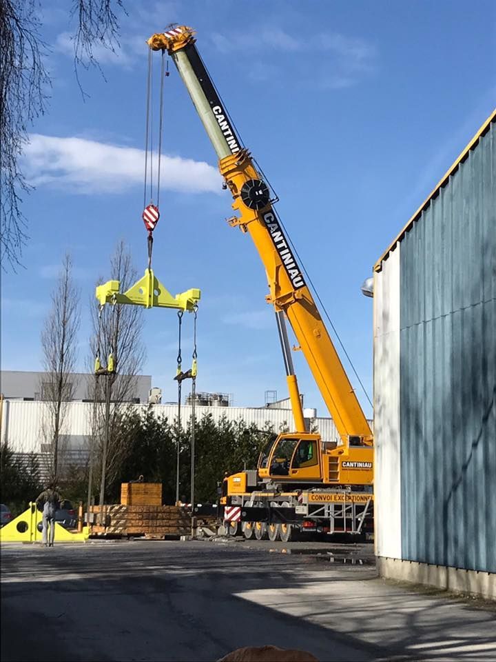 Une grue soulève un gros morceau de bois.