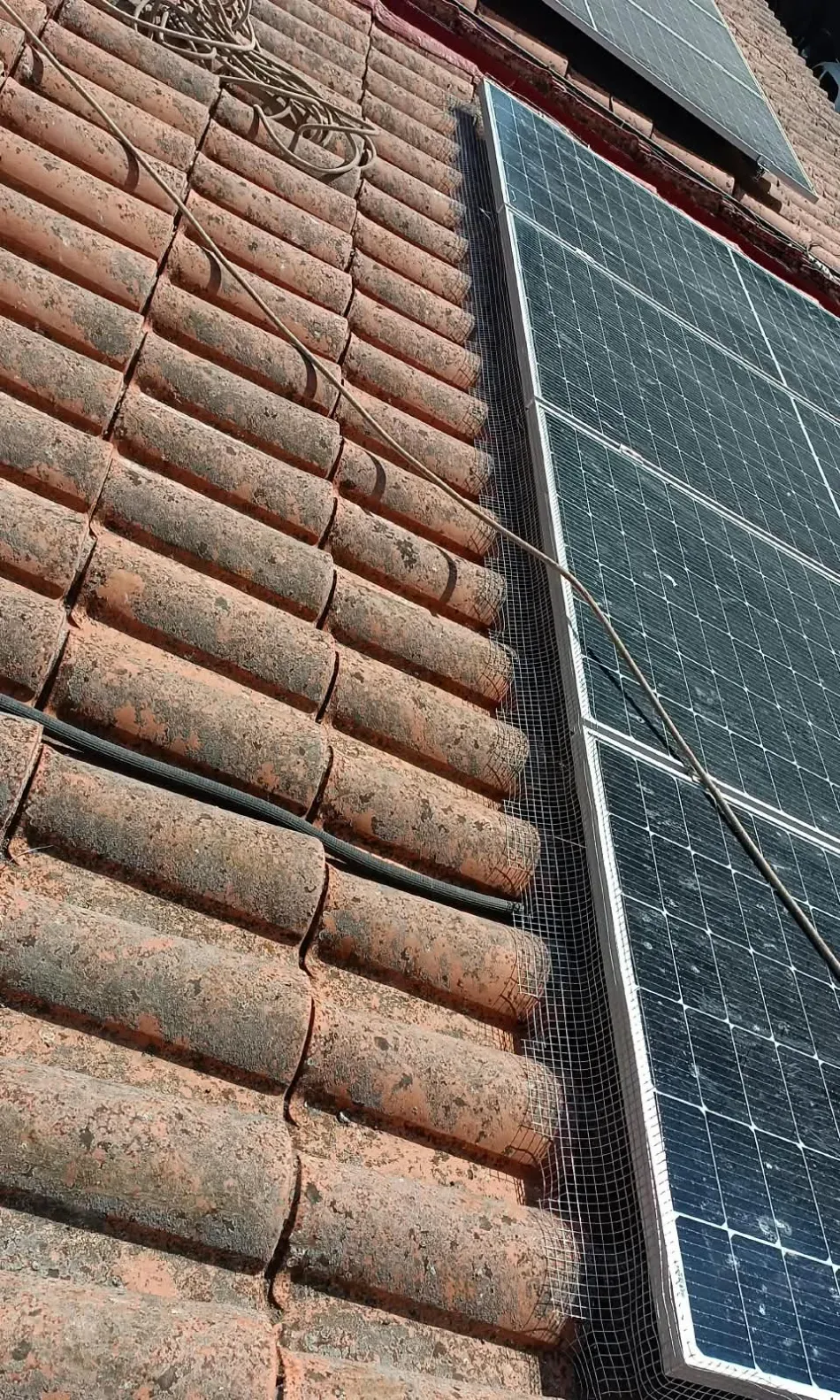 Paneles solares instalados en un tejado de tejas de arcilla roja bajo la luz del sol.