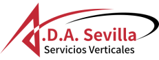 Logotipo de .DA Sevilla, Servicios Verticales, con una forma roja y un arco negro.
