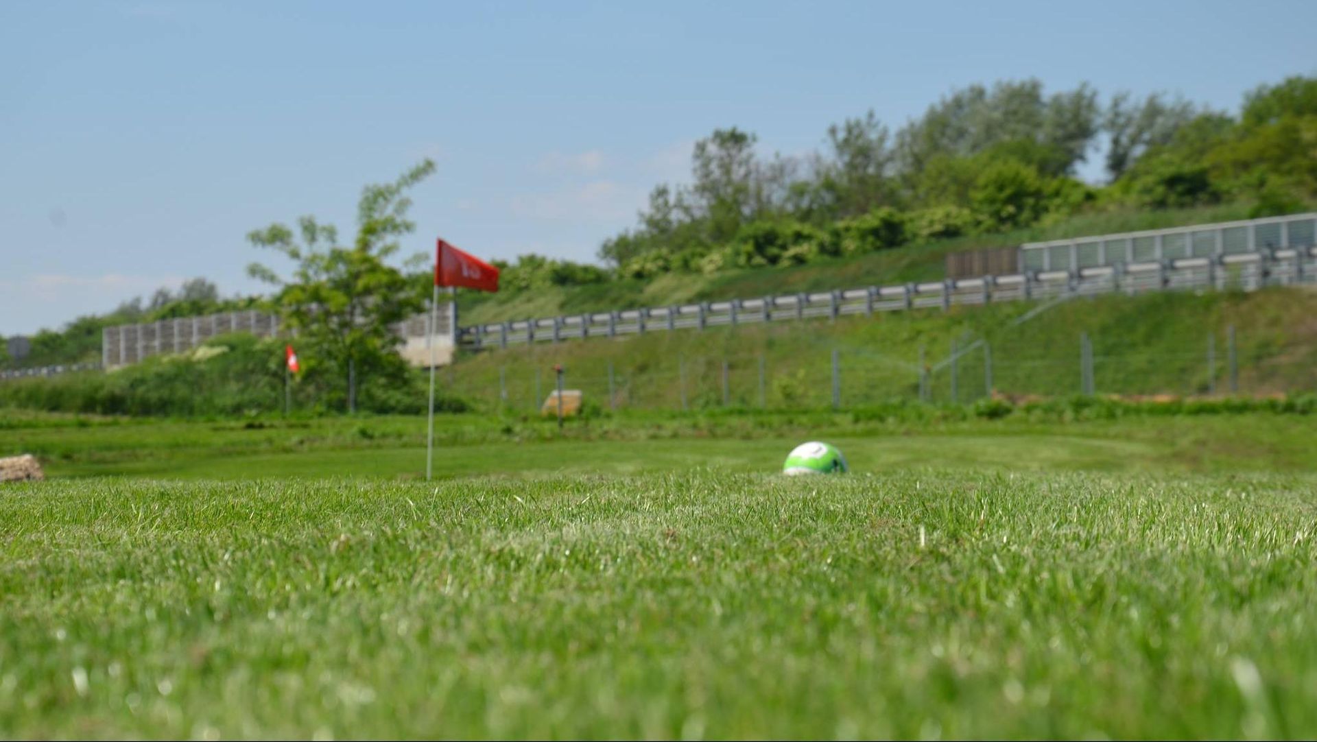 Red flag on a grassy field with a green disc marker, fence, and trees on a sunny day