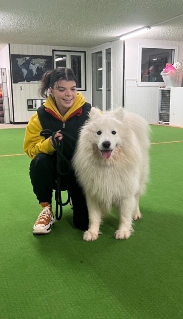 Femme à la hateur d'un chien
