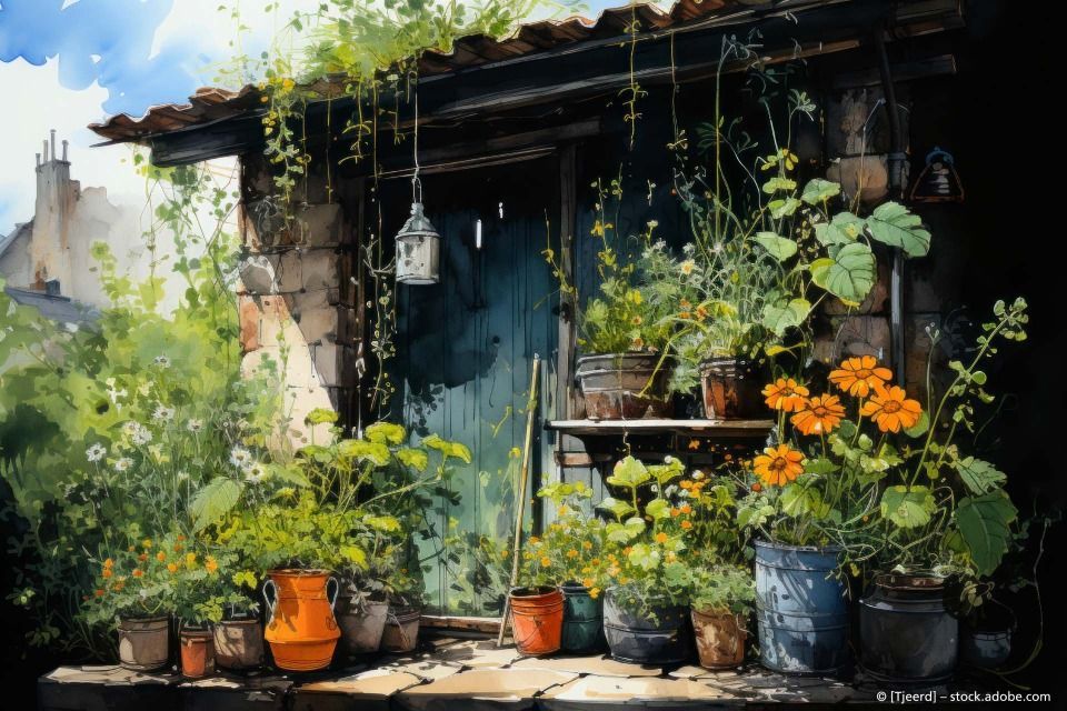 Eingang mit vielen Pflanzen in Töpfen