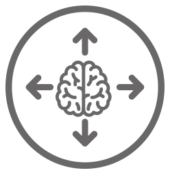 Un cerebro con cuatro flechas apuntando en diferentes direcciones en un círculo.