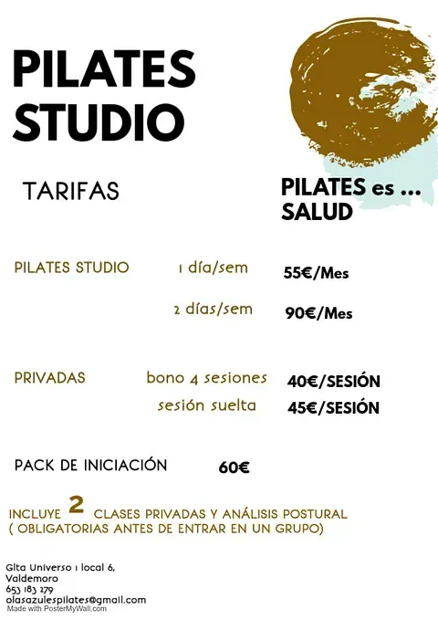 Un cartel para estudio de pilates en español con precios.