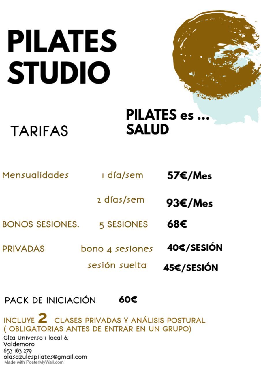 Un cartel para estudio de pilates en español con precios.
