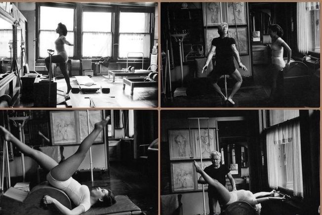 Imágenes en blanco y negro de dos personas haciendo pilates.