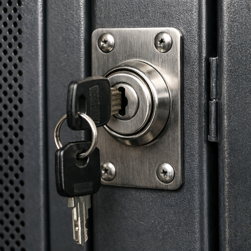 Clés dans la serrure d'une porte d'armoire métallique