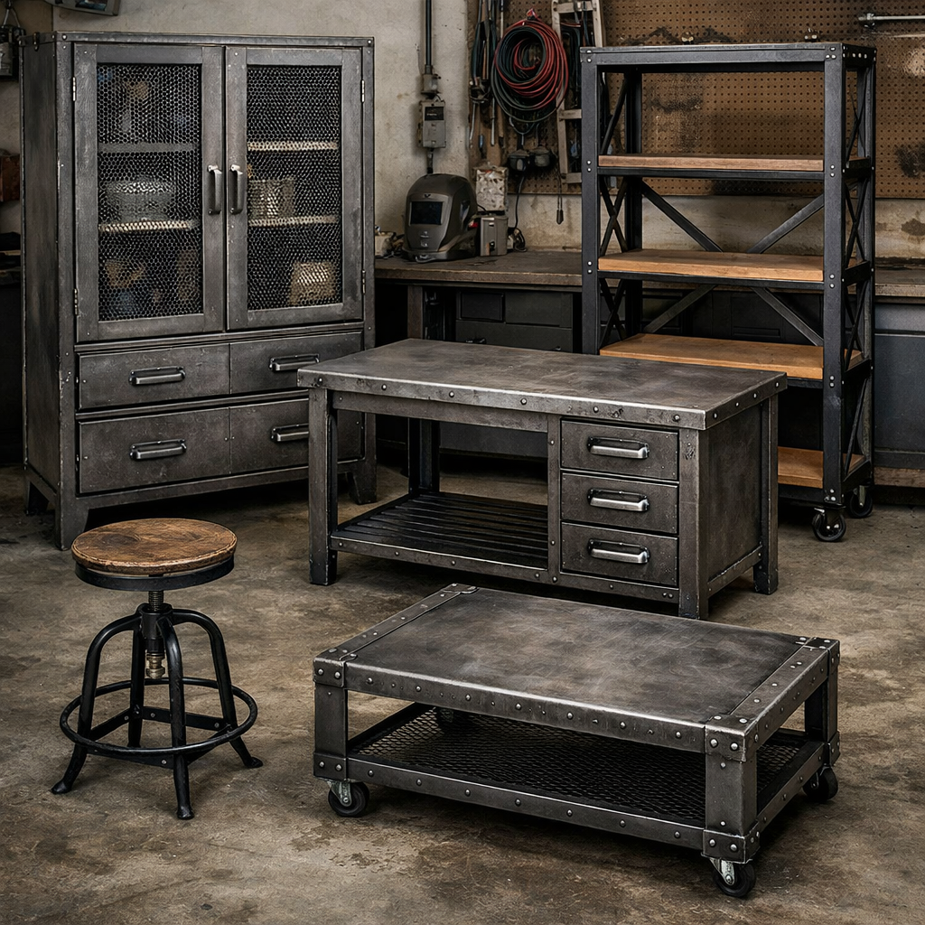 Atelier avec mobilier rustique en métal : armoires, établi, chariot à roulettes et tabouret sur un sol en béton.