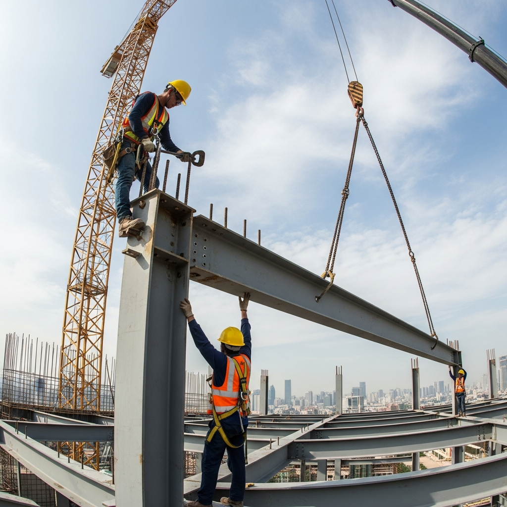 Des ouvriers du bâtiment soulèvent une poutre d'acier sur le chantier d'un immeuble de grande hauteur, avec une grue et la silhouette de la ville en arrière-plan.