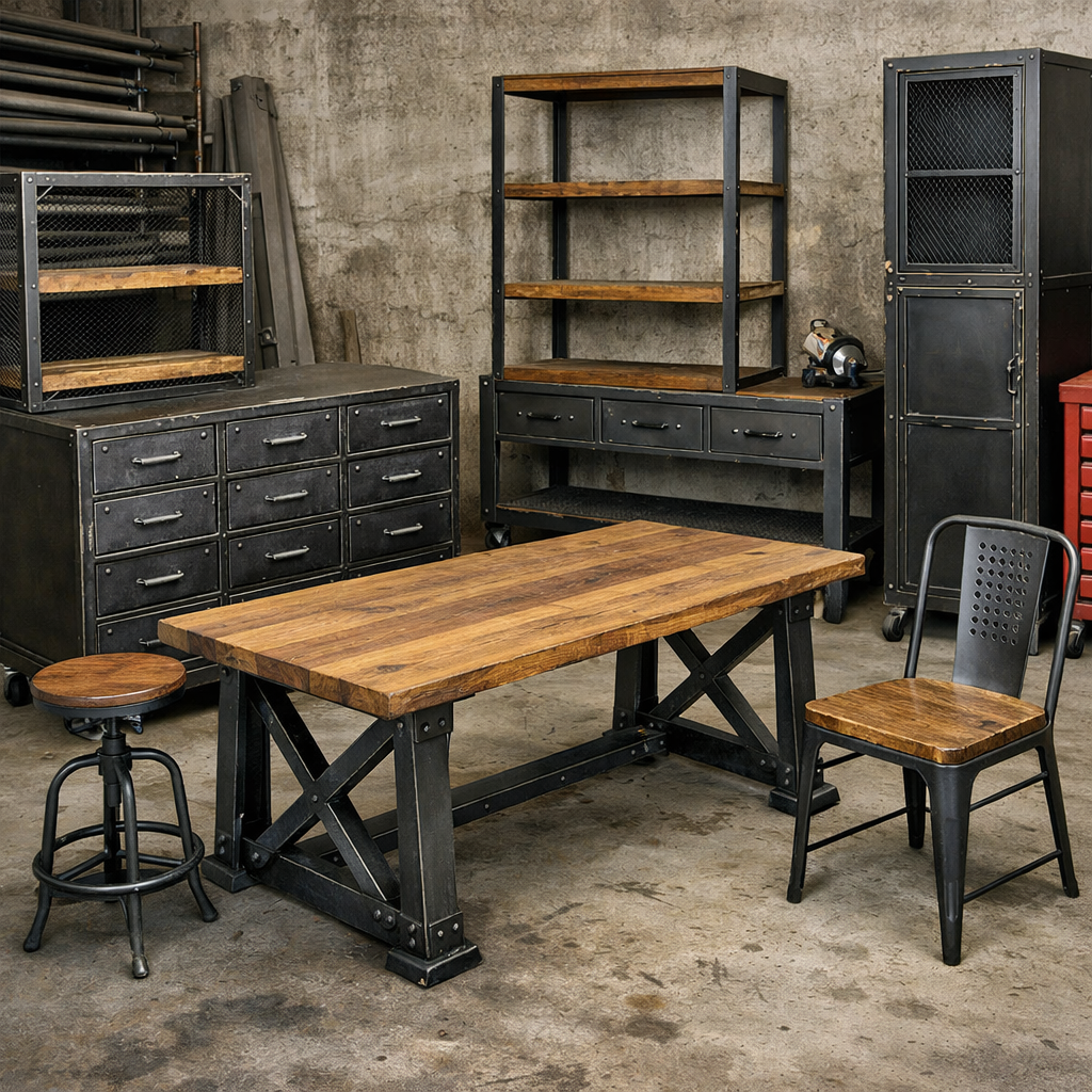 Atelier industriel avec table en bois, étagères métalliques, armoires, tabourets et chaises sur un sol en béton