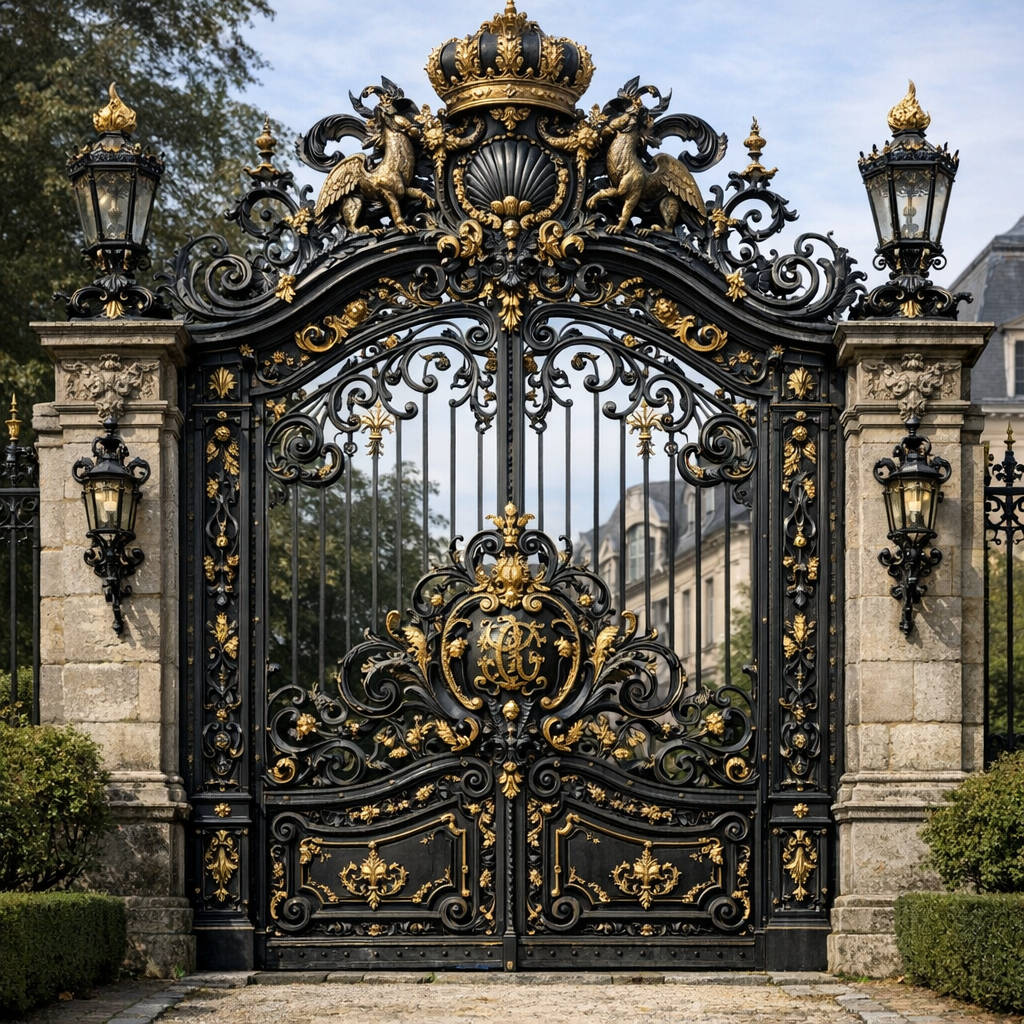 Un portail en fer forgé noir et or orné de piliers en pierre et de lanternes à l'entrée d'un grand domaine
