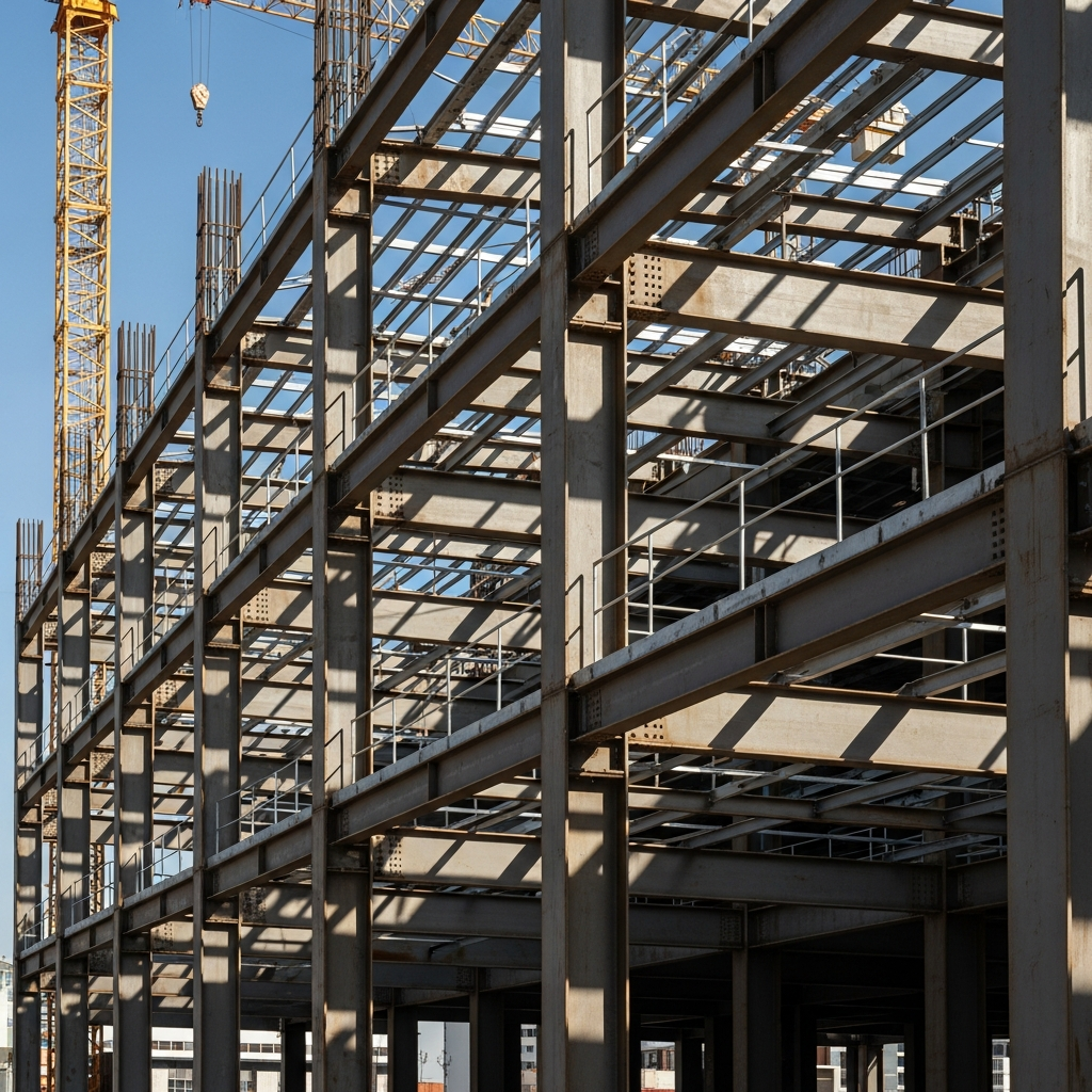 Bâtiment à ossature métallique en construction, avec des grues se détachant sur un ciel bleu.