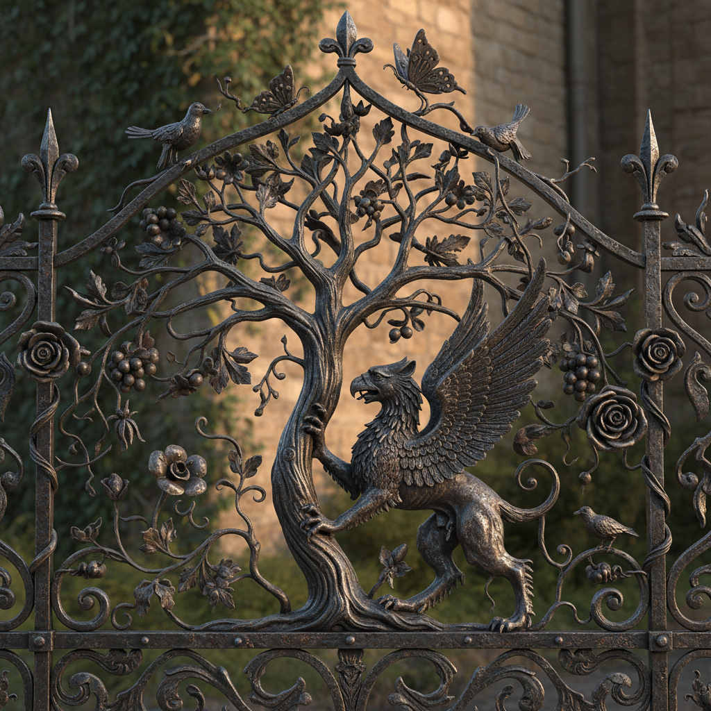 Portail en fer forgé orné d'un griffon ailé et de motifs de vigne dans un cadre de jardin