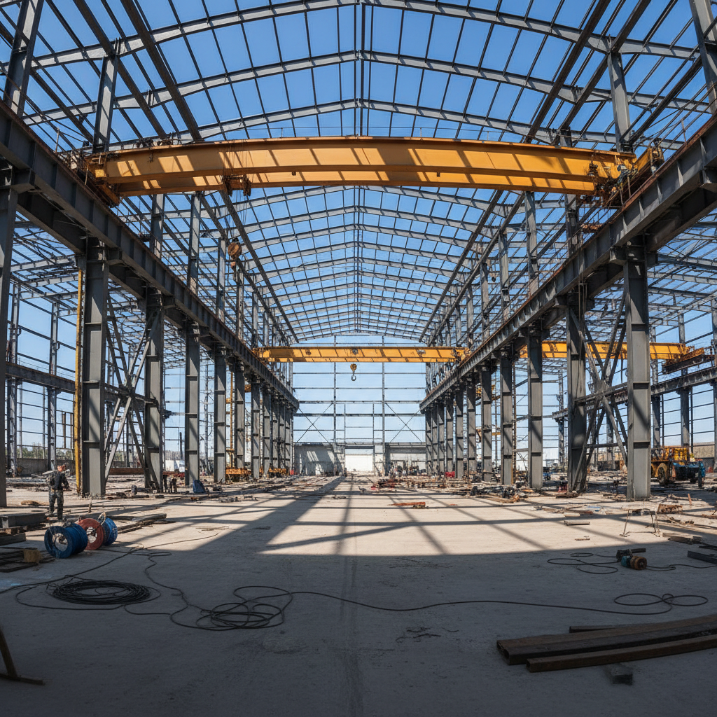 Grand entrepôt en acier en construction, avec poutres de pont roulant et charpente de toit transparente