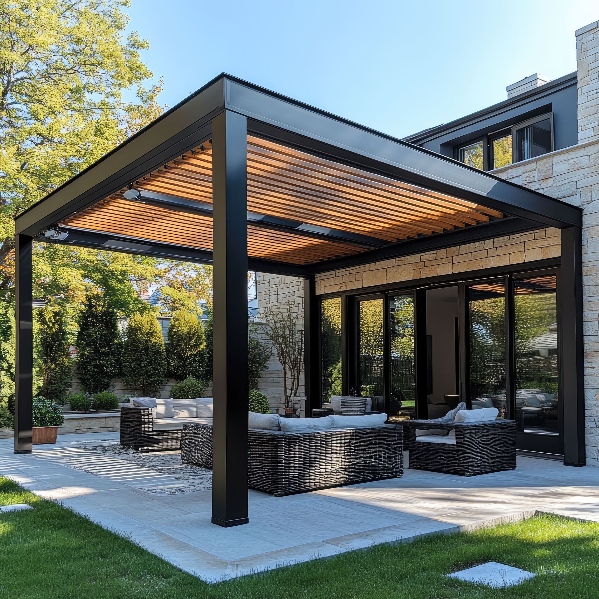 Patio moderne dans un jardin paysager, agrémenté d'une pergola noire, de sièges en osier et d'une cheminée extérieure en pierre.