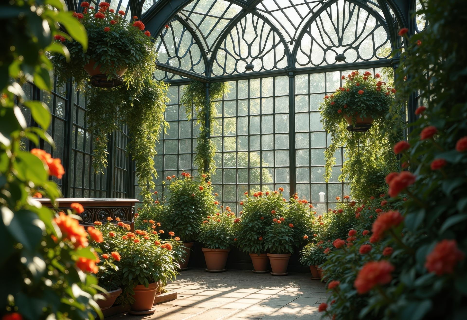 Serre baignée de soleil, remplie de fleurs en pot et de verdure luxuriante sous des fenêtres cintrées en verre