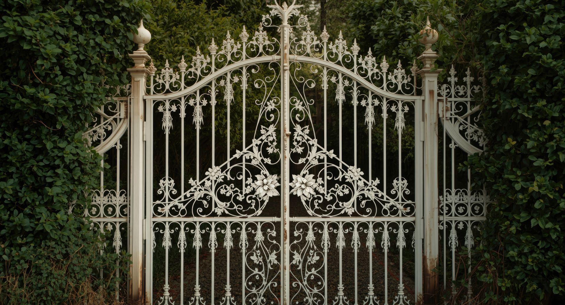 Portail de jardin en fer forgé blanc orné de motifs floraux, encadré par un dense feuillage vert et lierre.