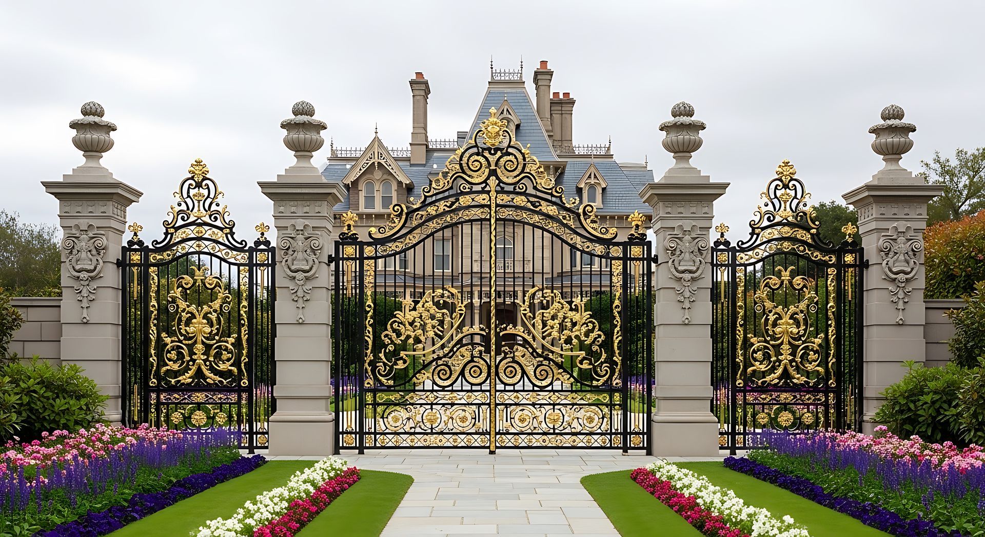 Portail orné d'or et de noir d'une demeure, avec des piliers en pierre et une allée bordée de fleurs