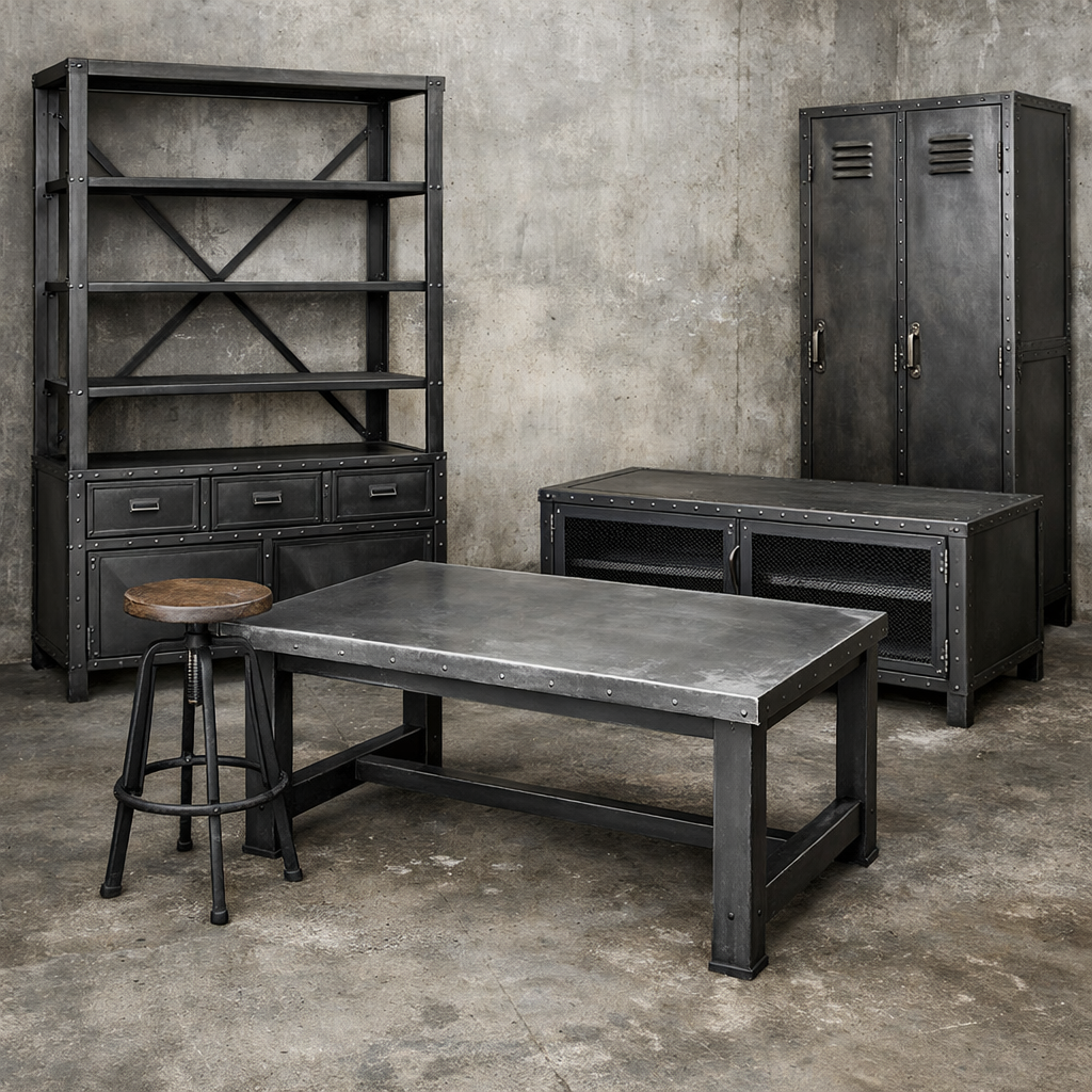Ensemble de mobilier de bureau de style industriel : bureau en métal, tabouret, étagères, crédence et casiers contre un mur en béton