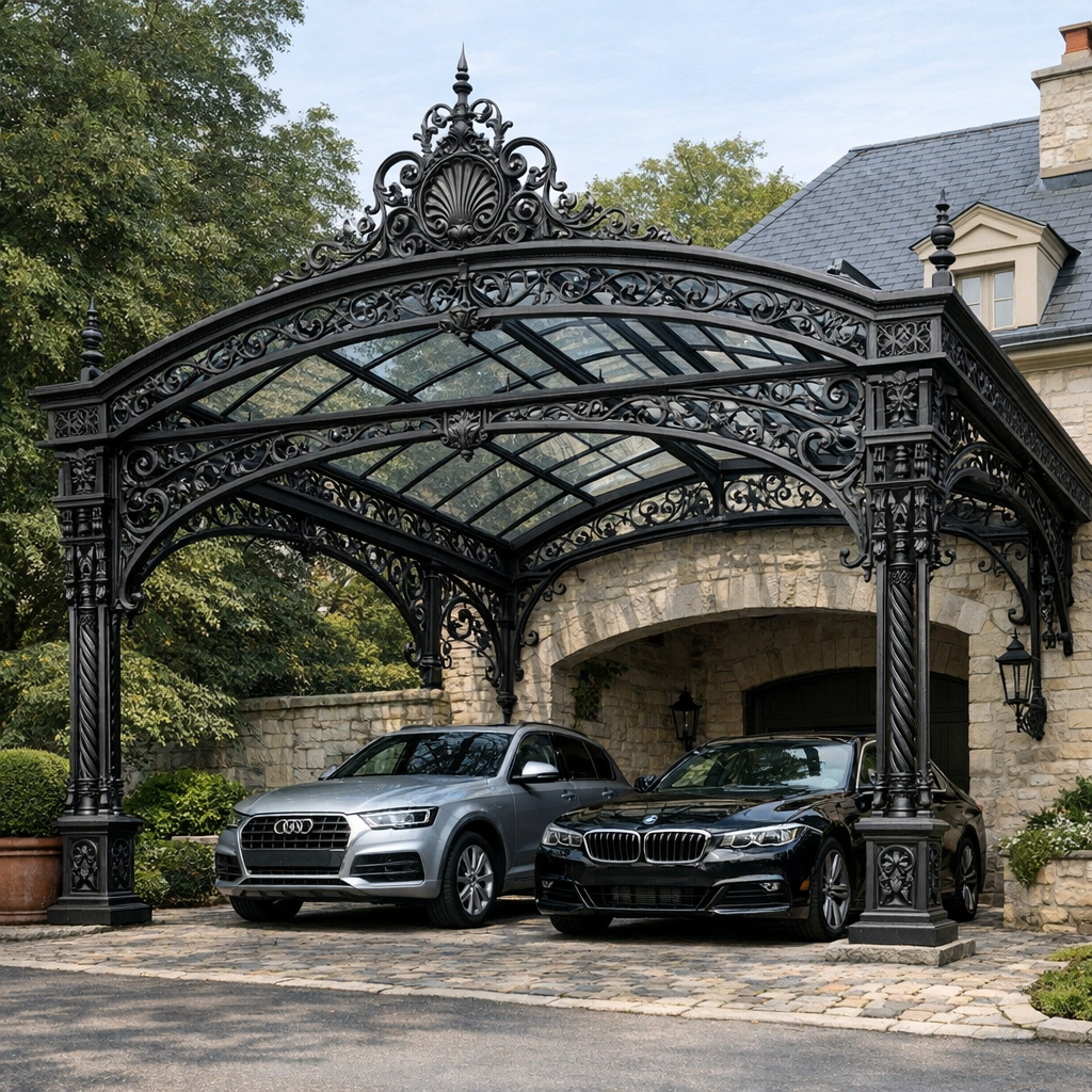 Deux SUV de luxe garés sous un auvent en métal noir orné, à côté d'une maison en pierre.